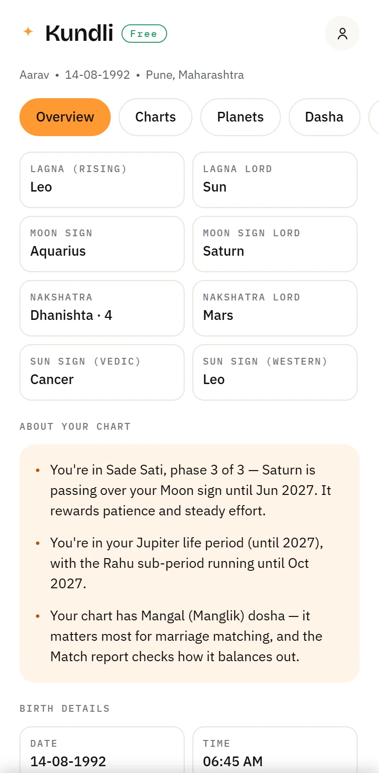 The Kundli overview with ascendant, Moon sign, nakshatra and lords