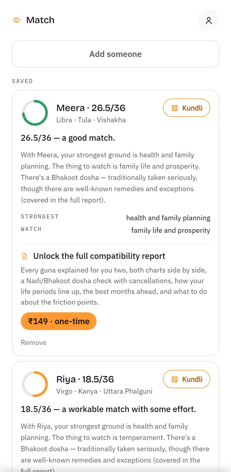 The Match tab with saved people, score rings and an option to unlock the full report