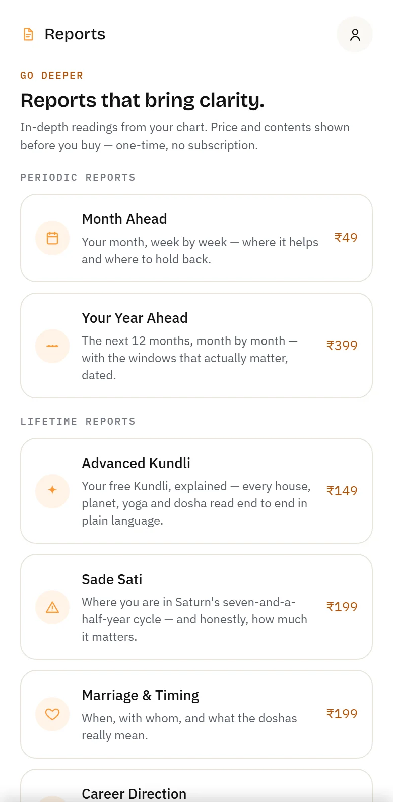 The Reports tab listing paid reports with their prices