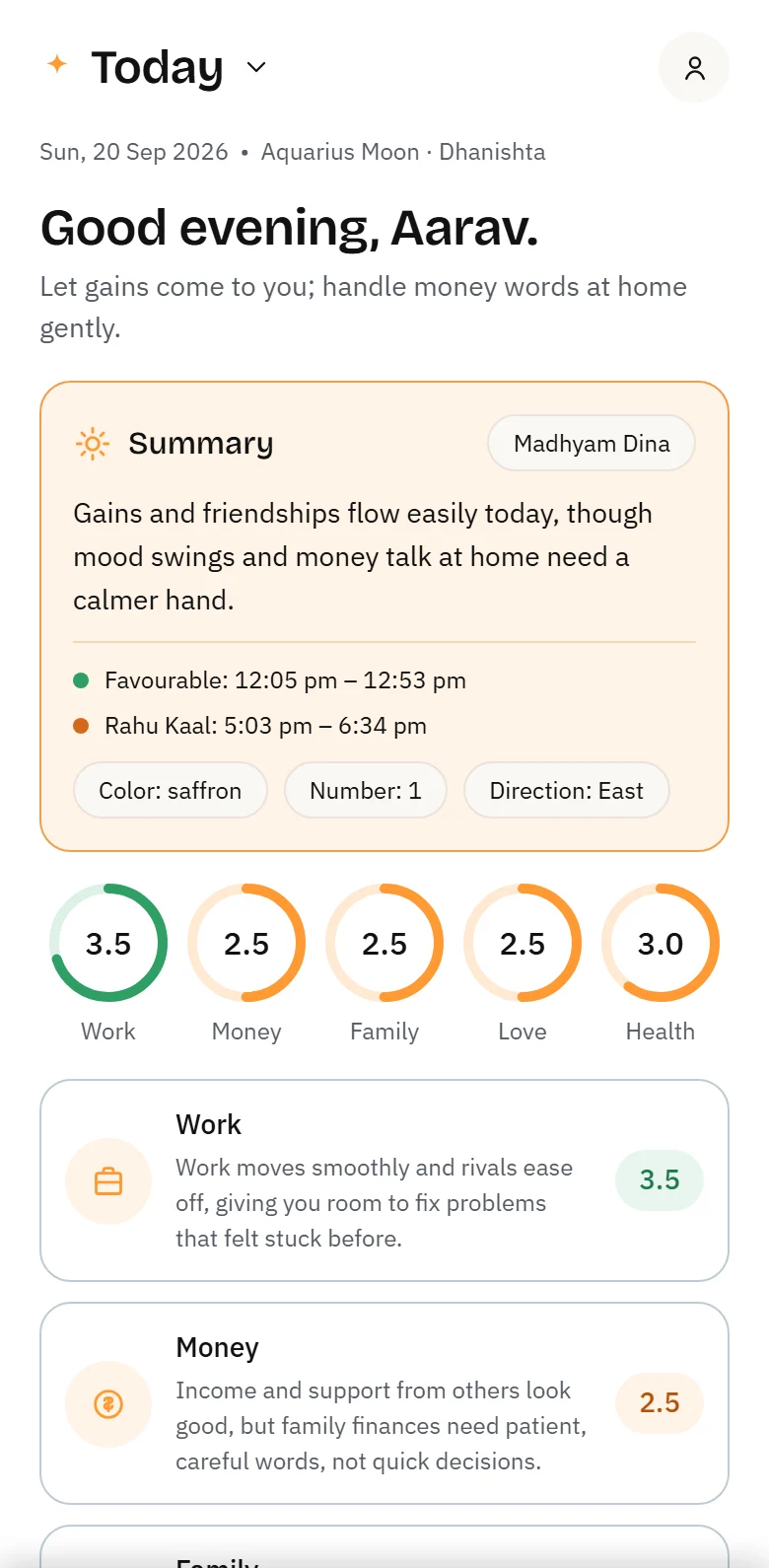 The Today screen showing a daily reading, favourable time, Rahu Kaal and five life-area ratings